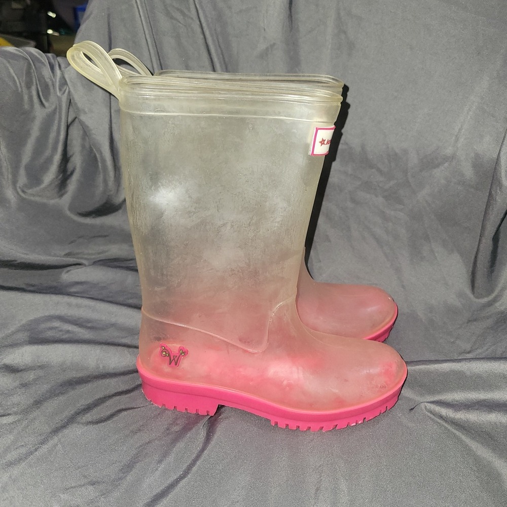 American Girl Willie Wishers Peekaboo Clear Rain Boots 1/2 1 2 Girls Rubber Pink